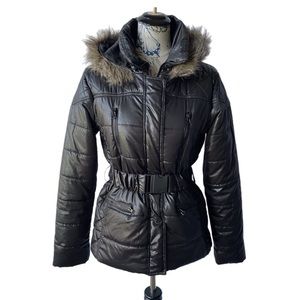Say What? Retro Black Belted Puffer Jacket Faux Fur Hood Size L